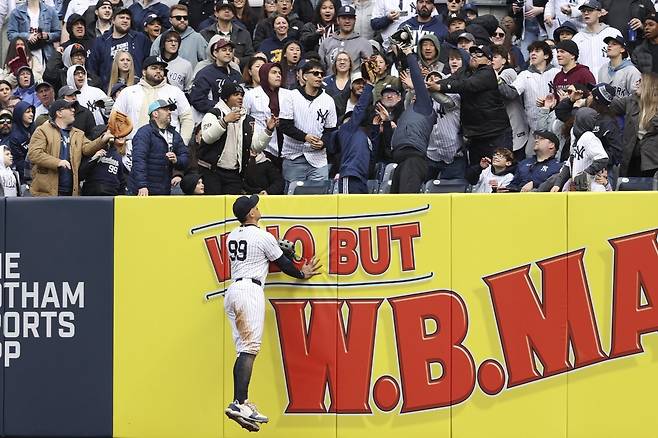 MLB를 대표하는 슈퍼스타 애런 저지가 14일(한국시간) 양키스타디움에서 열린 샌프란시스코와 홈경기 도중 담장을 넘어가는 샌프란시스코 이정후의 홈런을 바라보고 있다. 뉴욕｜AP뉴시스