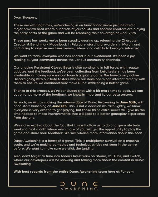 - 듄 어웨이크닝 출시 연기 공지 전문 (출처 : 듄 어웨이크닝 공식 X)