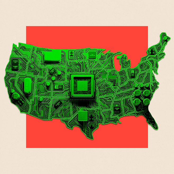 반도체 부품으로 채워진 미국 지도 그래픽