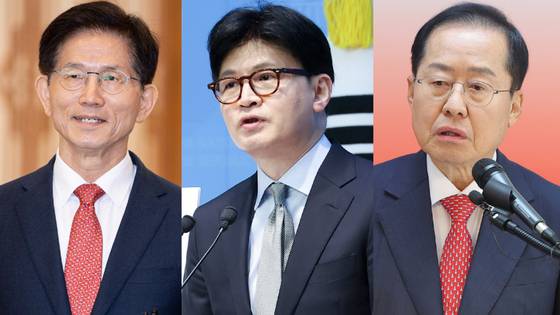 국민의힘 대선 경선에 출마한 김문수 후보(왼쪽부터), 한동훈 후보, 홍준표 후보. 중앙포토