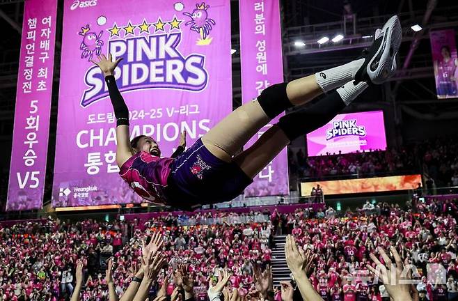[인천=뉴시스] 정병혁 기자 = 지난 8일 인천 부평구 삼산월드체육관에서 열린 2024-2025 V-리그 여자부 챔피언결정전(5전 3선승제) 5차전 흥국생명 핑크스파이더스와 정관장 레드스파크스의 경기에서 승리해 통합 우승을 차지한 흥국생명 김연경이 동료들로 부터 헹가래를 받고 있다. 2025.04.08. jhope@newsis.com