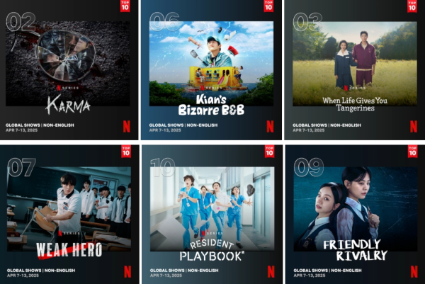 왼쪽 위부터 시계 방향으로  ‘악연’ ‘대환장 기안장’ ‘폭싹 속았수다’ ‘선의의 경쟁’ ‘언젠가는 슬기로울 전공의 생활’ ‘약한영웅 Class 1’