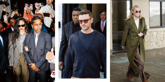 법원 앞에서도 빛난 에이셉 라키와 리한나의 파워 수트 드레싱. (왼쪽) 부드럽고 친근한 이미지를 위해 진주 목걸이를 착용한 저스틴 팀버레이크.(가운데) ‘콰이어트 럭셔리’의 상징이 된 기네스 팰트로의 법정 패션(오른쪽).