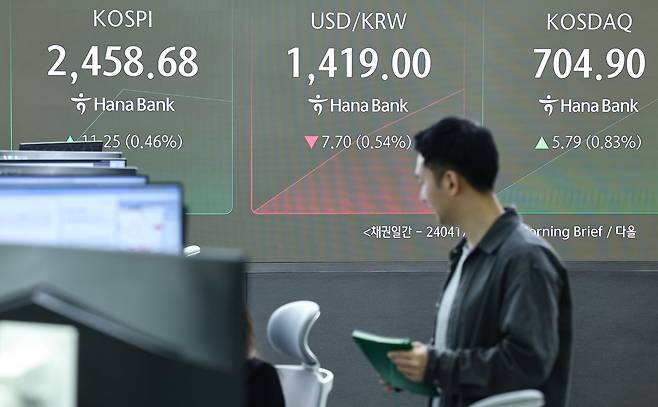 17일 오전 서울 중구 하나은행 본점 딜링룸 전광판에 개장 시황이 나오고 있다. /뉴스1
