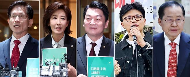 국민의힘 대선 경선 후보들이 대선 불출마를 선언한 오세훈 서울시장과 16일 연달아 회동하며 ‘오 시장 표심’ 흡수하기에 나섰다. 왼쪽부터 서울시청에서 오 시장과 조찬회동을 마친 김문수 전 고용노동부 장관과 뒤를 이어 면담한 나경원 의원. 오 시장과 오찬을 함께 한 안철수 의원, 이날 대구를 찾은 한동훈 전 대표 측도 “오 시장과 회동을 조율 중”이라고 했다. 다섯 번째 사진은 이날 서울 여의도 선거캠프 사무실에서 경제부흥 5개년 계획 등을 발표한 홍준표 전 대구시장. 뉴시스·뉴스1