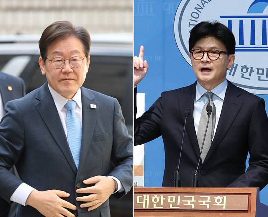 왼쪽부터 각당에서 6·3 조기 대통령선거 경선 후보로 등록한 이재명 더불어민주당 전 대표, 한동훈 국민의힘 전 대표.<연합뉴스 사진 갈무리>