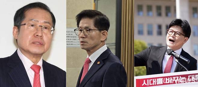 홍준표 전 대구시장(왼쪽부터)과 김문수 전 고용노동부 장관, 한동훈 전 국민의힘 대표. 쿠키뉴스 자료사진