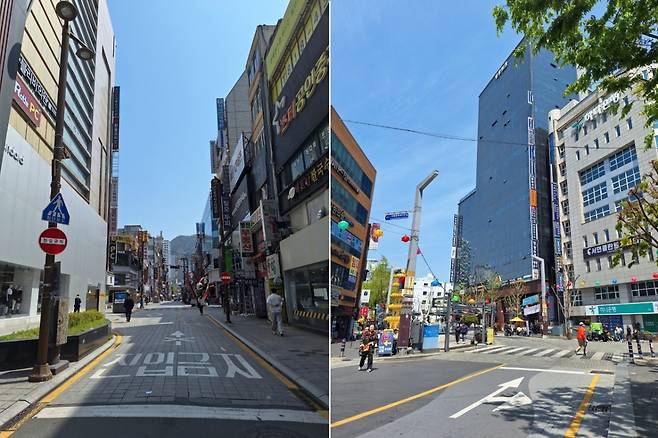 지난 16일 부산 부산진구 서면역 인근 모습. (왼쪽) 지난 1월 부산 부산진구 서면 쥬디스태화 근처에는 윤석열 전 대통령 탄핵 찬성 집회가 열렸다. (오른쪽) 비슷한 기간 부산 서면 영광도서 앞에는 윤석열 전 대통령 탄핵 반대 집회가 열렸다./사진=김지은 기자