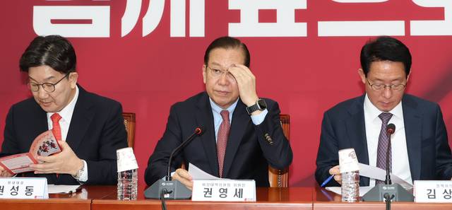 권영세 국민의힘 비상대책위원장이 17일 오전 서울 여의도 국회에서 열린 비상대책위원회의에 참석하고 있다. 박윤슬 기자