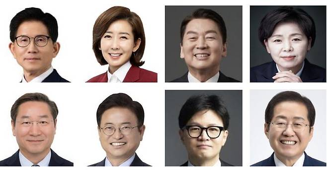 [서울=뉴시스] 조성봉 기자 =  국민의힘의 제21대 대통령선거 선출을 위한 경선에 참가하는 주요 후보들. 윗줄 왼쪽부터 시계방향으로 김문수 전 고용노동부 장관, 나경원 의원, 안철수 의원, 양향자 전 의원,홍준표 전 대구시장,한동훈 전 대표, 이철우 경북도지사, 유정복 인천시장. 2025.04.16. (사진=각 캠프 제공) photo@newsis.com *재판매 및 DB 금지