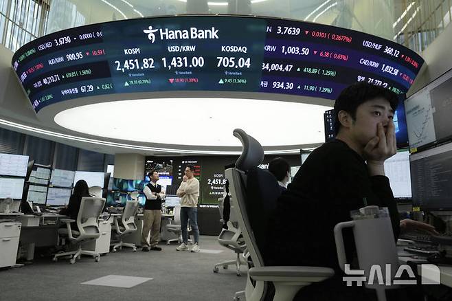 [서울=AP/뉴시스] 제롬 파월 미국 연방준비제도(Fed·연준) 의장의 비관적 발언과 엔비디아발 반도체 기업 실적 우려로 전날 밤 하락했던 미국 뉴욕 증시와 달리 아시아 증시는 상승세를 보였다. 사진은 서울 KEB하나은행 본점 외환딜링룸에서 14일 한 외환 트레이더가 코스피 지수)와 원-달러 환율을 보여주는 모니터를 보고 있는 모습.