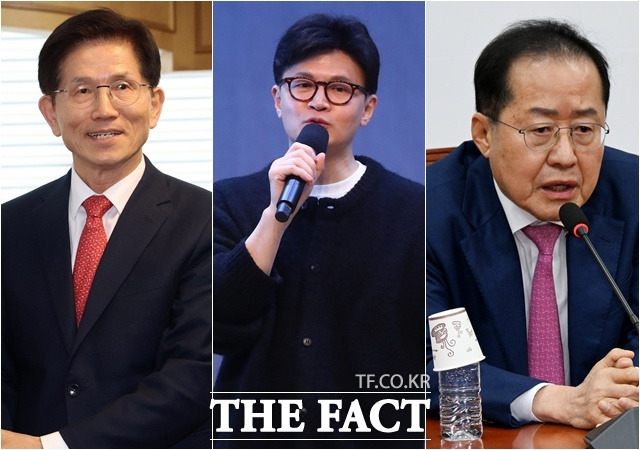 국민의힘 대통령 선거 예비경선 후보자 8인이 16일 확정됐다. 사진은 1차 컷오프에 무난히 통과할 것으로 예상되는 김문수, 한동훈, 홍준표 국민의힘 경선 후보(왼쪽부터). /배정한·이새롬·박헌우 기자
