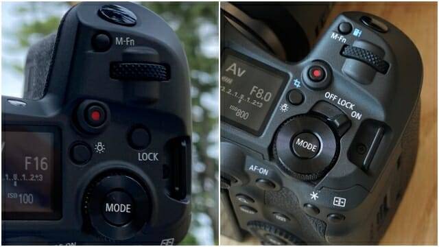 EOS R5(왼쪽) / EOS R5 마크Ⅱ 버튼 배치 비교. (사진=지디넷코리아)