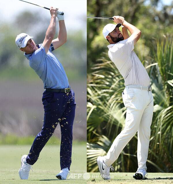 2025년 미국프로골프(PGA) 투어 시그니처 대회인 RBC 헤리티지에 출전한 저스틴 토머스, 세계랭킹 1위 스코티 셰플러가 1라운드에서 경기하는 모습이다. 사진제공=ⓒAFPBBNews = News1