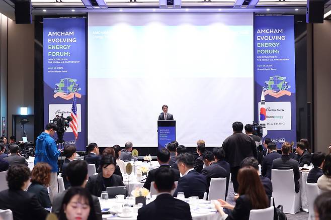 Industry Minister Ahn Duk-geun speaks during the Evolving Energy Forum hosted by AmCham at Grand Hyatt Seoul on Friday.  (AmCham)