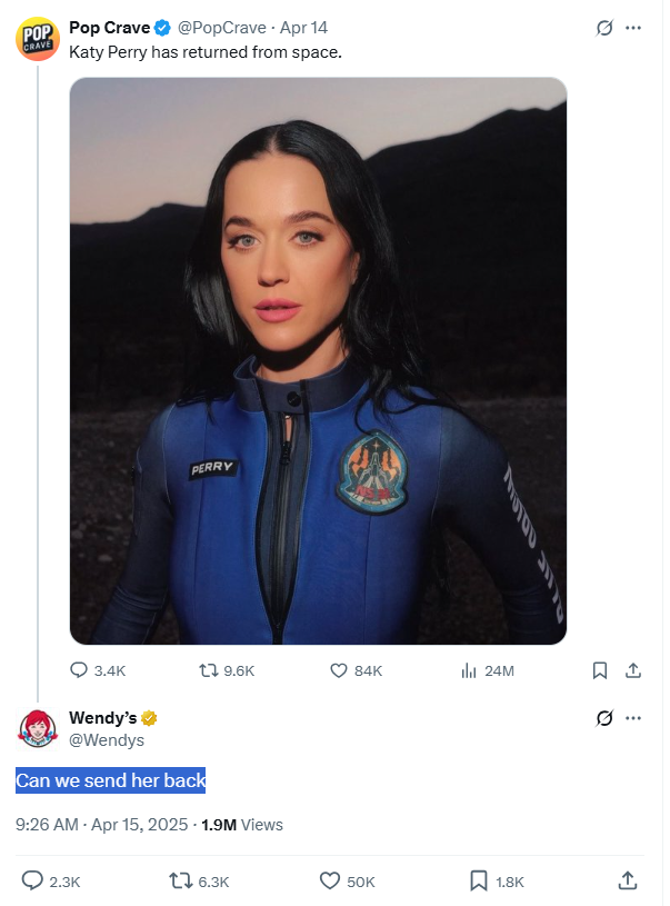 웬디스는 지난 15일 X(구 트위터)에서 “케이티 페리가 우주에서 돌아왔다(Katy Perry has returned from space)”는 게시글에 “그녀를 다시 보내면 안 되나?(Can we send her back?)”라는 댓글을 남겼다. [사진 = X 캡처]