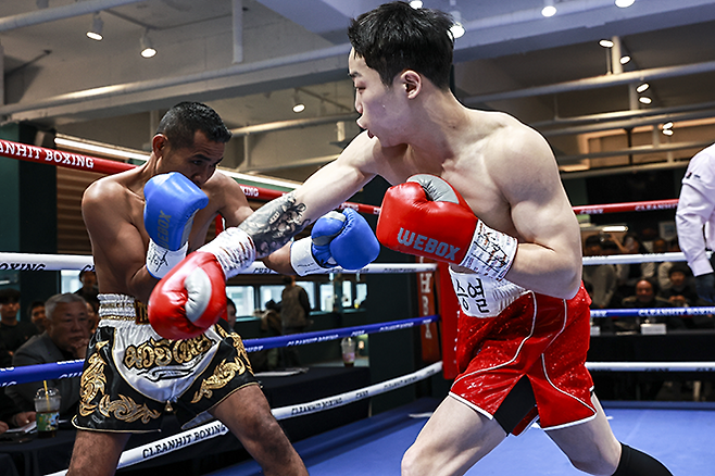 김승열(오른쪽)이 2025년 2월 사단법인 한국복싱커미션 슈퍼플라이급 챔피언 결정전에서 태국 페더급 챔피언 아르티드 밤룽아우에아를 공격하고 있다. 사진=FINAL FLASH 박종혁 기자 제공