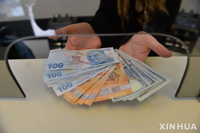 [앙카라=신화/뉴시스] 튀르키예 수도 앙카라에 있는  환전소에서 창구 직원이 리라와 달러 지폐를 보여주고 있다. 자료사진. 2025.04.18