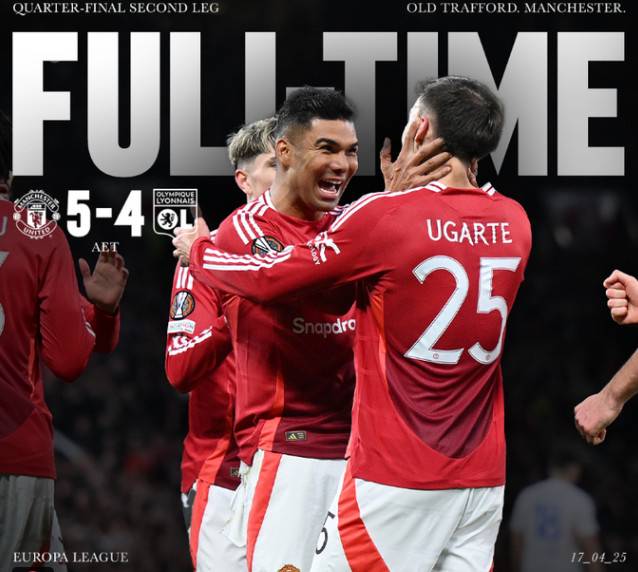 맨유는 18일(한국시간) 영국 맨체스터의 올드 트래퍼드에서 열린 올랭피크 리옹(프랑스)과 '2024~2025 유럽축구연맹(UEFA) 유로파리그(UEL)' 8강 2차전에서5-4로 승리했다. 사진은 기뻐하는 카세미루(왼쪽)와 마누엘 우가르테. /사진=맨유 공식 SNS 갈무리