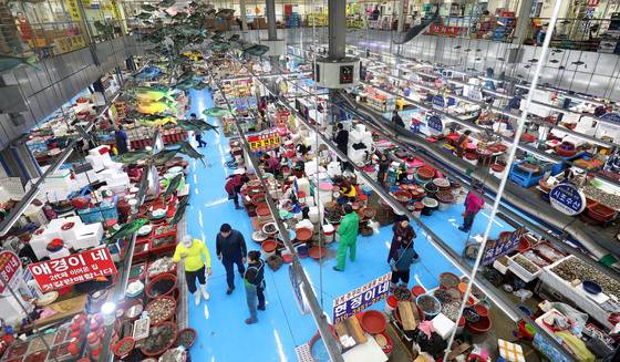 쭈꾸미 등 수산물을 거래하는 충남 서천군 수산시장. 중앙포토