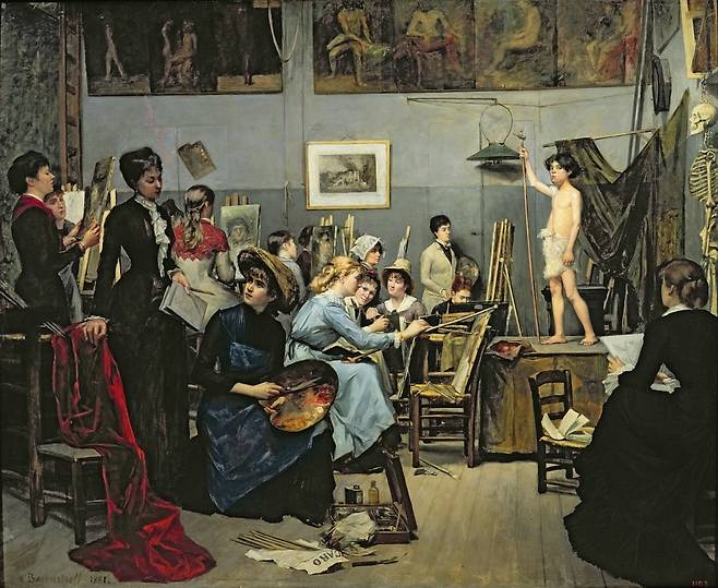 아틀리에에서(1881). 가로 186cm, 세로 154cm의 대작이다. 아카데미 줄리앙의 활기가 넘치는 분위기 속에서 여성들이 소년 누드 모델을 그리고 있다. /드니프로 미술관