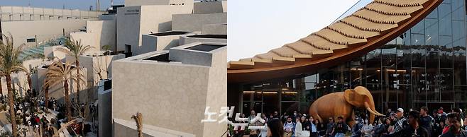 중동풍 건축양식을 볼 수 있는 오사카 박람회장의 사우디아라비아관(왼쪽)과 태국관(오른쪽)은 자국의 상징물인 코끼리 조형물과 금빛 지붕이 눈길을 끈다. 국재일 아나운서