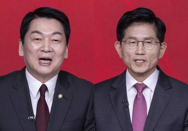 4월19일 서울 강서구 ASSA아트홀에서 열린 국민의힘 제21대 대통령 후보자 1차 경선 토론회에 참석한 안철수 후보(왼쪽)와 김문수 후보 ⓒ연합뉴스