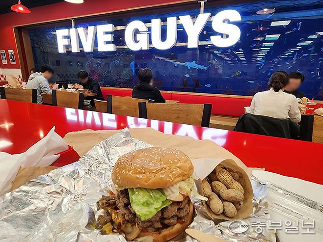 파이브가이즈 광교 내부 한쪽 벽면이 수족관으로 조성돼 있다. 이보현 기자