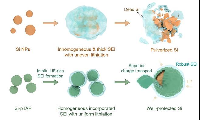 포스텍(포항공대) 연구진이 인공적으로 고체 전해질막을 만들어 실리콘 음극재의 안정성 문제를 해결했다. 기존 실리콘 음극재(위)는 반복해 사용하면 고체 전해질막이 만들어져 입자를 깨뜨리지만, 포스텍 연구진이 개발한 음극재(아래)는 입자가 안정적으로 유지된다./포스텍