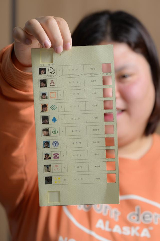 발달장애인 동료지원가로 활동 중인 박경인 씨가 지난 15일 서울 영등포구 피플퍼스트서울센터(발달장애인자립생활센터)에서 후보자 사진과 정당 로고 등이 들어간 그림투표보조용구를 소개하고 있다. 하상윤 기자