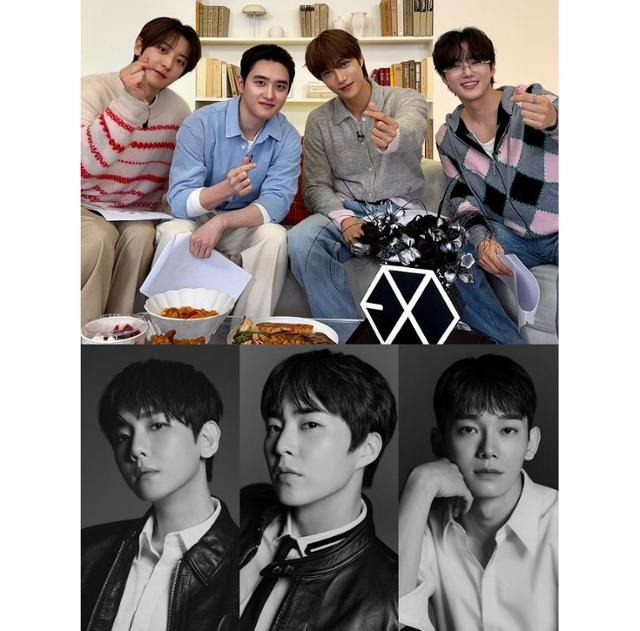최근 데뷔 13주년 기념 라이브를 진행한 엑소 찬열 디오 카이 수호(위쪽)와 라이브에 불참한 첸 백현 시우민. SM엔터테인먼트, INB100 제공