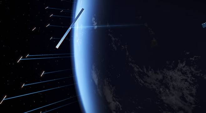 지구 저궤도를 도는 다수의 우주 태양광 발전소에서 지상으로 전력을 공급하는 상상도. 애더플럭스 제공