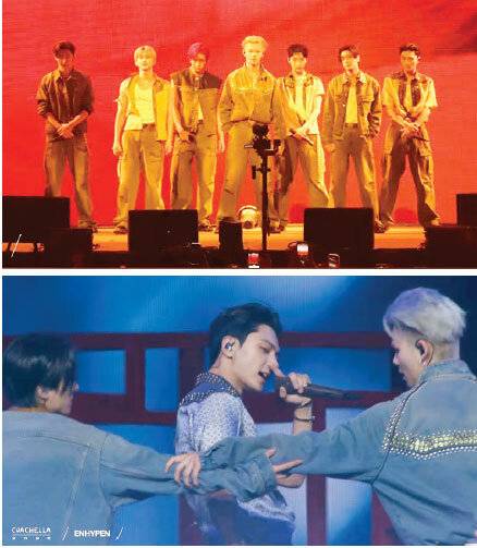 엔하이픈이 4월 12일(현지 시간) 미국 ‘코첼라 밸리 뮤직 앤드 아츠 페스티벌’에서 강렬한 라이브와 퍼포먼스를 선보이고 있다.  빌리프랩 제공