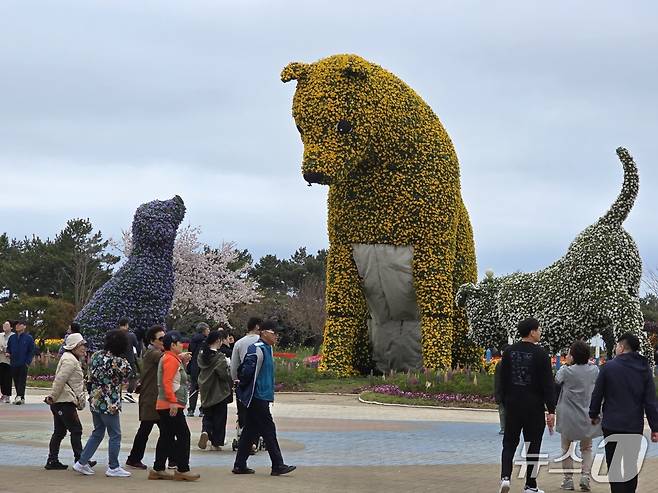 20일 충남 태안군 꽃지해안공원 내 '2025 태안 세계튤립꽃박람회'를 찾은 나들이객들이 꽃으로 조성된 조형물을 감상하고 있다 ⓒ News1 장동열 기자