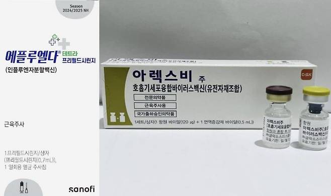 사노피의 고령층 대상 고용량 독감 백신 '에플루엘다'(좌측)와 GSK의 호흡기세포융합바이러스(RSV) 백신 '아렉스비'. 사노피, GSK