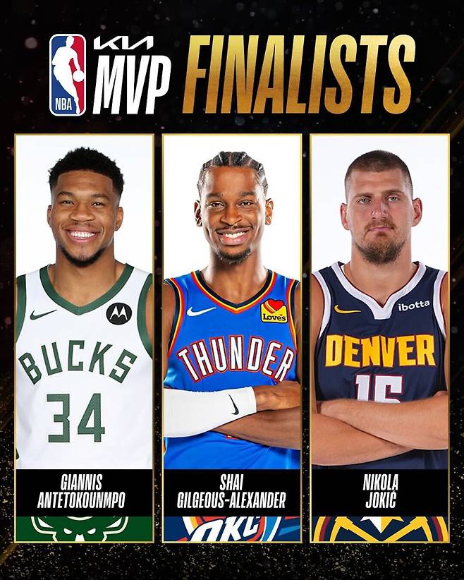 21일 NBA 사무국이 공개한 올 시즌 MVP 최종 후보 3인. 밀워키 아데토쿤보(왼쪽부터), 오클라호마시티 길저스-알렉산더, 덴버 요키치. 사진=NBA SNS