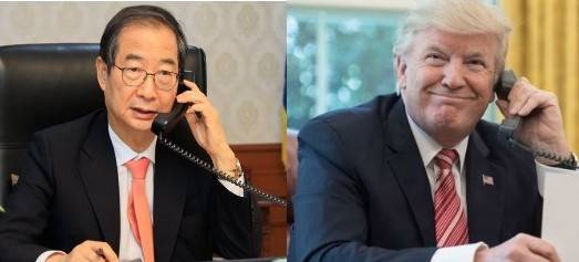 한덕수 대통령 권한대행 국무총리와 도널드 트럼프 미국 대통령. 지난 8일 두 정상은 28분간 통화했다. 당시 트럼프 대통령은 한 권한대행의 대선 출마 여부를 물었다고 한다. [연합뉴스 중앙포토]