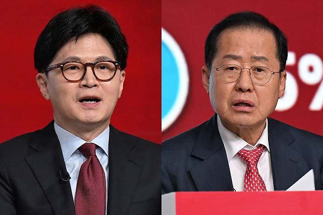 국민의힘 대선 경선에 출마한 한동훈 후보와 홍준표 후보 / 사진=연합뉴스