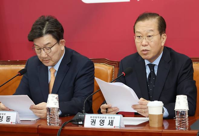 권영세 국민의힘 비상대책위원장이 21일 국회에서 열린 비상대책위원회의에서 발언하고 있다. /사진=강은구기자
