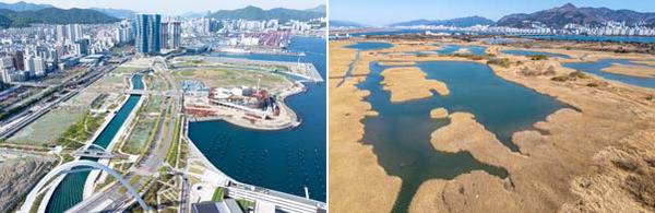 제21대 대통령선거를 앞두고 부산시가 21일 부산 발전을 위한 공약 과제를 발표했다. 왼쪽 사진은 디지털금융 특화단지 조성을 추진하는 부산항 북항재개발지역 일대, 오른쪽 사진은 국가도시공원 지정을 추진하는 을숙도 일대 전경.  국제신문 DB