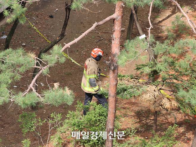 21일 서울 관악구 봉천동의 한 아파트에서 불이 나 소방대원 및 과학수사대가 진화작업 후 현장을 확인하고 있다.

소방당국에 따르면 이날 오전 8시 17분 봉천동 소재 21층 규모의 아파트 4층에서 화재가 발생해 신원미상의 남성 1명이 숨지고 4층에서 추락한 70~90대 여성 2명이 전신에 화상을 입는 등 크게 다쳐 병원으로 이송됐다.  2025.4.21[이충우기자]