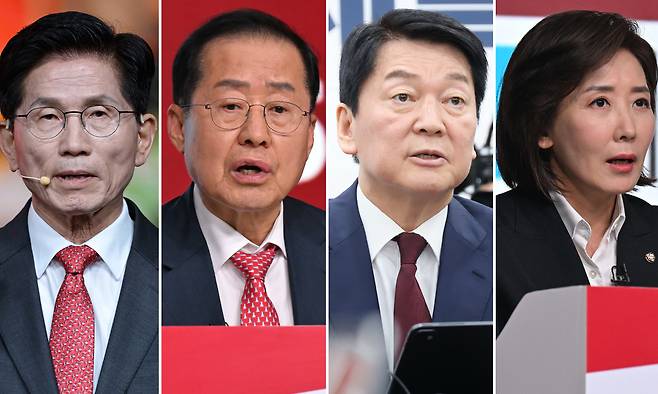 국민의힘 김문수 대선 경선 후보(왼쪽부터), 홍준표 후보, 안철수 후보, 나경원 후보. 연합뉴스