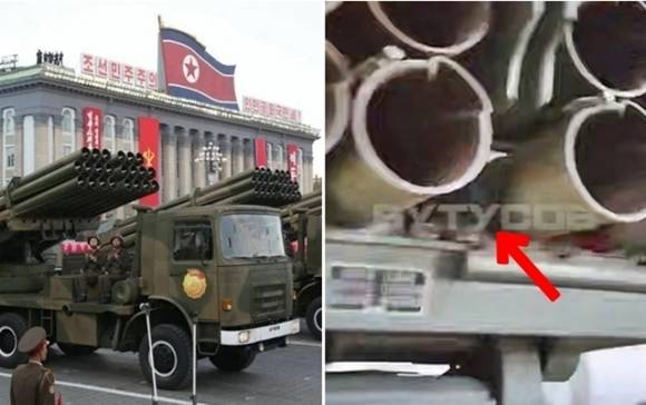 북한이 ‘서울 타격용’으로 비무장지대(DMZ) 산악 벙커에 보관하고 있던 240㎜ M1991 다연장로켓포(MLRS)가 우크라이나 전장에 등장했다. 왼쪽은 과거 북한군 열병식에 등장한 240㎜ 방사포, 오른쪽은 최근 우크라이나 전장에서 포착된 북한제 M1991. 조선중앙통신 연합뉴스/텔레그램