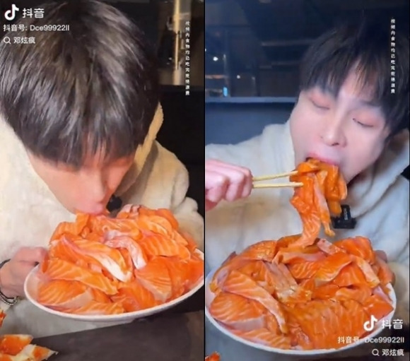 중국의 ‘먹방’ 틱톡커 ‘덩쉔펑’이 “일본인에게 사람의 도리를 가르치겠다”면서 일본의 한 해산물 뷔페 식당에서 ‘민폐 먹방’을 해 뭇매를 맞았다. 자료 : 덩쉔펑 틱톡