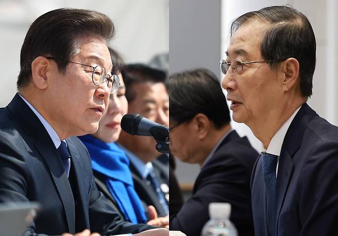 왼쪽은 이재명 더불어민주당 대표가 3월31일 서울 종로구 광화문 앞 더불어민주당 천막당사에서 열린 최고위원회의에서 발언하는 모습이다. 오른쪽은 한덕수 대통령 권한대행 겸 국무총리가 같은 날 SK하이닉스 이천캠퍼스 수펙스(SUPEX)센터에서 열린 '반도체산업 현장 간담회'에서 발언하고 있다. ⓒ연합뉴스