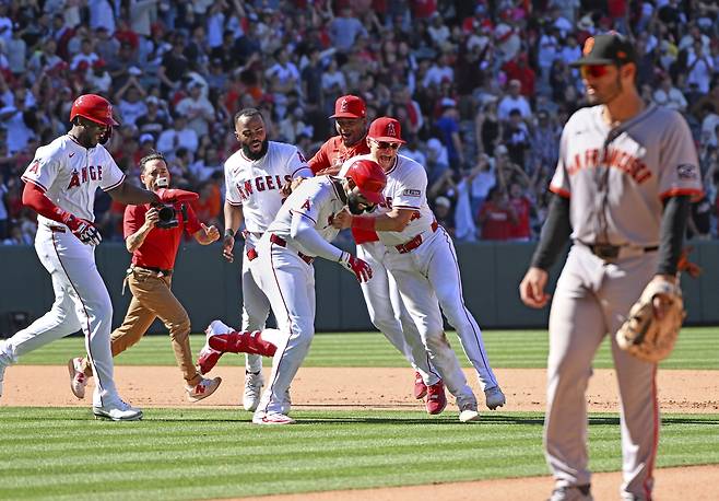 LA 에인절스 조 아델이 21일 샌프란시스코전 9회말 끝내기 싹쓸이 2루타를 날린 뒤 동료들의 축하를 받고 있다. AP연합뉴스