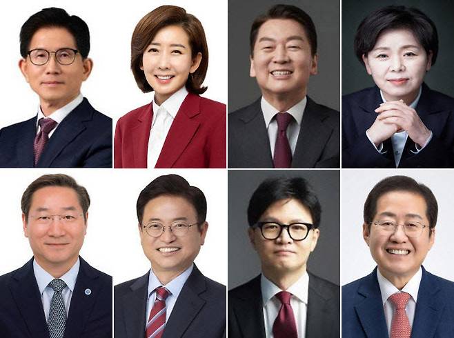 국민의힘 대선 후보 경선 주자들. 가나다순으로 윗줄 왼쪽부터 김문수 전 고용노동부 장관, 나경원 의원, 안철수 의원, 양향자 전 의원. 아랫줄 왼쪽부터 유정복 인천시장, 이철우 경북도지사, 한동훈 전 대표, 홍준표 전 대구시장. (사진=연합뉴스)