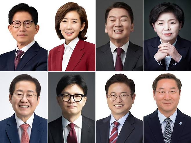 국민의힘 대선 경선 후보 8명. 김문수 전 고용노동부 장관, 나경원 국민의힘 의원, 안철수 국민의힘 의원, 양향자 전 의원, 유정복 인천시장, 이철우 경북지사, 한동훈 전 국민의힘 대표, 홍준표 전 대구시장./국민의힘