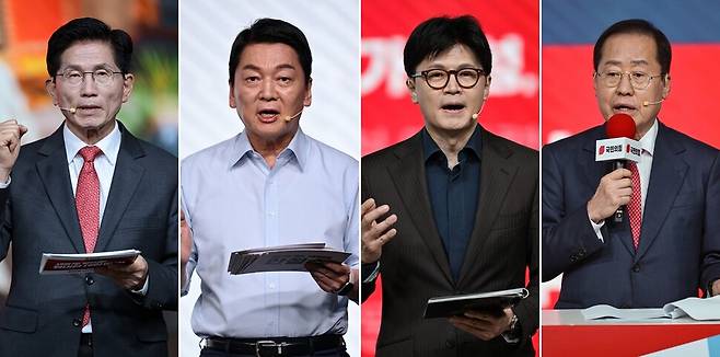 국민의힘 대선 후보 경선 선거관리위원회는 22일 2차 경선에 진출할 4명의 후보를 발표했다. 첫번째 컷오프를 통과한 \'4강 후보\'에는 김문수·안철수·한동훈·홍준표 후보(가나다순)가 이름을 올렸다. 연합뉴스
