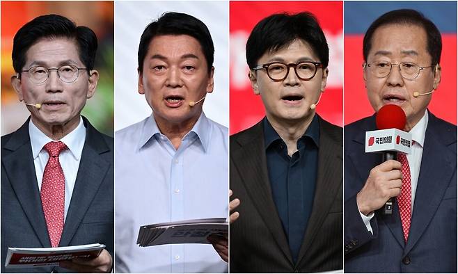 국민의힘 대선 후보를 뽑기 위한 2차 경선 진출자 4명이 22일 가려졌다. 왼쪽부터 김문수·안철수·한동훈·홍준표 후보. 국회사진기자단